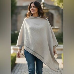ARTISAN MADE - Light Taupe Asymmetrical Linen Poncho with Subtle Border